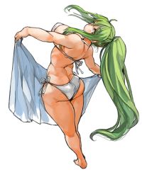 Rule 34 | 1girl, ass, barefoot, bikini, breasts, butt crack, full body, green hair, head tilt, high ponytail, highres, holding, large breasts, long hair, looking back, original, perky breasts, ponytail, sachito, side-tie bikini bottom, simple background, solo, sumi-chan (sachito), swimsuit, thick thighs, thighs, towel, very long hair, white background, white bikini, yellow eyes
