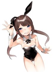 Rule 34 | 1girl, animal ears, areola slip, bad id, bad twitter id, bare shoulders, black leotard, blue eyes, breasts, brown hair, cameltoe, cleavage, detached collar, fake animal ears, grin, highres, invisible chair, leotard, little mare, long hair, looking at viewer, low twintails, pink lips, playboy bunny, rabbit ears, rabbit girl, simple background, sitting, small breasts, smile, solo, strapless, strapless leotard, thigh gap, twintails, very long hair, white background, wrist cuffs