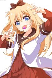 Rule 34 | 1girl, :d, artist name, blonde hair, blue eyes, bow, brown sailor collar, candy, collarbone, double w, facing viewer, food, hair between eyes, hair bow, highres, layered sleeves, lollipop, long hair, long sleeves, looking at viewer, mouth hold, nanamori school uniform, nnn yryr, open mouth, red bow, sailor collar, school uniform, serafuku, short over long sleeves, short sleeves, smile, solo, toshinou kyouko, twitter username, w, white background, yuru yuri