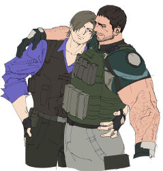 Rule 34 | 123456dyom, 2boys, absurdres, bara, black gloves, black hair, black pants, blue shirt, brown hair, bulletproof vest, chris redfield, closed mouth, collared shirt, fingerless gloves, gloves, green shirt, grey pants, highres, large pectorals, leon s. kennedy, looking at another, male focus, multiple boys, muscular, muscular male, pants, pectorals, resident evil, resident evil 6, shirt, short hair, smile