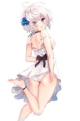 Rule 34 | 1girl, antenna hair, ass, back bow, bare arms, bare legs, bare shoulders, barefoot, black bow, blue eyes, blue flower, blush, bow, breasts, dress, eyes visible through hair, feet out of frame, flower, hair flower, hair ornament, hair over one eye, highres, leg up, looking at viewer, looking back, medium breasts, original, panipo, panties, parted lips, simple background, sleeveless, sleeveless dress, solo, underwear, white background, white dress, white panties