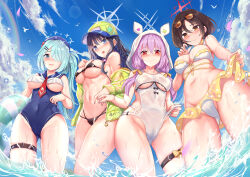 Rule 34 | 4girls, aqua hair, arius squad (blue archive), atsuko (blue archive), bare shoulders, baseball cap, beret, bikini, black bikini, black hair, blue archive, blue eyes, blue headwear, blue one-piece swimsuit, blue sailor collar, blue sky, blush, bow, braid, breasts, brown eyes, brown hair, choker, cleavage, closed mouth, clothing cutout, cloud, commentary, crop top, crossed bangs, day, eyewear on head, frilled bikini, frills, from below, gluteal fold, groin, hair between eyes, hair bow, hair ornament, hair over one eye, hairclip, halo, hat, hiyori (blue archive), holding, holding swim ring, hood, hood up, innertube, jacket, lens flare, long hair, long sleeves, looking at viewer, low twin braids, medium breasts, misaki (blue archive), multiple girls, navel, nervous smile, nose blush, ocean, off shoulder, one-piece swimsuit, open mouth, polka dot, polka dot bikini, purple hair, rainbow, red eyes, sailor collar, saori (blue archive), see-through, see-through jacket, shirt, short hair, side ponytail, sidelocks, skindentation, sky, smile, standing, stomach, strap pull, sunglasses, swim ring, swimsuit, symbol-only commentary, thigh strap, twin braids, underboob, underboob cutout, wading, wet, wet clothes, wet swimsuit, white bikini, white one-piece swimsuit, white shirt, yellow bow, yellow choker, yellow headwear, yellow jacket, yougenko