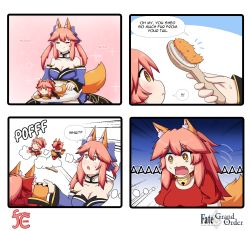 Rule 34 | 5girls, :&lt;, :o, animal ear fluff, animal ears, animal hands, awake, bare shoulders, bell, blue kimono, blue ribbon, breasts, cat paws, cleavage, collar, collarbone, detached sleeves, english text, engrish text, fang, fangs, fate/grand order, fate (series), fox ears, fox girl, fox tail, gloves, hair ornament, highres, japanese clothes, jingle bell, keita naruzawa, kimono, large breasts, long hair, mini person, minigirl, multiple girls, multiple persona, neck bell, open mouth, paw gloves, paw shoes, pink hair, ranguage, red ribbon, ribbon, sash, shoes, speech bubble, surprised, tail, tamamo (fate), tamamo cat (fate), tamamo cat (first ascension) (fate), tamamo no mae (fate/extra), yellow eyes