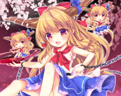 Rule 34 | 3girls, arm up, bare arms, blue skirt, bow, chain, cherry blossoms, chibi, commentary request, cuffs, cup, enjoy mix, fang, feet out of frame, gradient background, hair between eyes, hair bow, horn ornament, horn ribbon, horns, ibuki suika, knees up, layered skirt, long hair, looking at viewer, low-tied long hair, mini person, minigirl, multiple girls, multiple persona, neck ribbon, night, night sky, one eye closed, open mouth, orange hair, outstretched arms, red eyes, red neckwear, ribbon, sakazuki, shackles, shirt, sidelocks, sitting, skirt, sky, sleeveless, sleeveless shirt, spread arms, touhou, very long hair