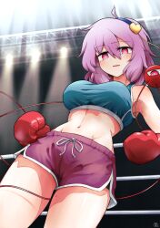 Rule 34 | 1girl, armpits, blue sports bra, boxing gloves, boxing ring, dolphin shorts, from above, gloves, highres, komeiji satori, looking at viewer, pink eyes, purple hair, purple shorts, red gloves, scavia10, shorts, solo, speech bubble, sports bra, stomach, swimsuit, thighs, touhou