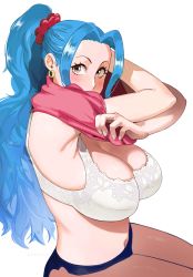 Rule 34 | 1girl, absurdres, aqua hair, armpits, blush, bra, breasts, brown eyes, clothes, clothes grab, ear piercing, female focus, highres, joy boy, long hair, looking at viewer, medium breasts, nefertari vivi, one piece, open clothes, piercing, ponytail, simple background, sitting, solo, underwear, undressing, white background, white bra