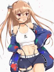 Rule 34 | 1girl, breasts, brown eyes, crop top, hair between eyes, jacket, johnston (kancolle), kantai collection, light brown hair, long hair, long sleeves, medium breasts, nontemu, official alternate costume, open mouth, shorts, solo, two side up