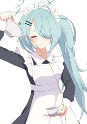Rule 34 | 1girl, 3:, absurdres, alternate costume, antenna hair, apron, black tea, blue archive, closed eyes, collarbone, commentary request, cup, dual wielding, enmaided, grey hair, hair ornament, hair over one eye, hairclip, halo, highres, hiyori (blue archive), holding, long hair, looking at viewer, maid, maid apron, maid headdress, parted bangs, pouring, side ponytail, sidelocks, simple background, solo, tea, teacup, teapot, white background, zundamochi (sera)