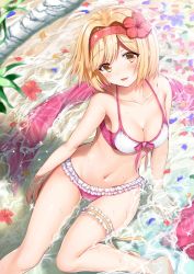Rule 34 | 10s, 1girl, aldehyde, bare legs, barefoot, bikini, blonde hair, blush, breasts, brown eyes, cleavage, collarbone, djeeta (granblue fantasy), flower, frilled bikini, frills, from above, front-tie top, granblue fantasy, hair flower, hair ornament, hairband, hibiscus, bridal garter, looking at viewer, navel, outdoors, partially submerged, pink bikini, short hair, side-tie bikini bottom, sitting, smile, solo, sparkle, swimsuit, thighlet, wet