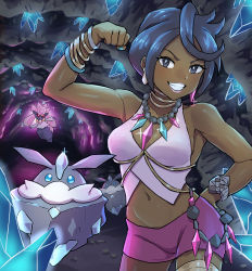 Rule 34 | 1girl, aqua nails, bangle, bead necklace, beads, black eyes, black hair, bracelet, breasts, bright pupils, carbink, cave interior, cleavage, clenched hand, commentary request, creatures (company), crop top, crystal, dark-skinned female, dark skin, diamond (shape), diancie, earrings, flexing, game freak, gem, gen 6 pokemon, grin, hand on own hip, highres, jewelry, legendary pokemon, mythical pokemon, nail polish, navel, neck ring, necklace, nintendo, olivia (pokemon), pink lips, pink shirt, pokemon, pokemon (creature), pokemon sm, purple shorts, shirt, short hair, short shorts, shorts, sideboob, sleeveless, smile, swept bangs, teeth, urin (littleurin)