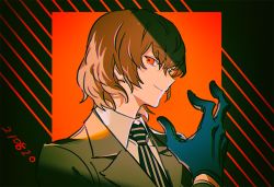 Rule 34 | 1boy, adjusting clothes, adjusting gloves, akechi gorou, black background, black gloves, black necktie, brown hair, brown jacket, commentary, dated, gloves, hand up, haun, jacket, long sleeves, looking at viewer, male focus, necktie, persona, persona 5, red background, red eyes, shirt, short hair, simple background, smile, smirk, solo, striped background, striped clothes, striped necktie, striped neckwear, upper body, vertical-striped clothes, vertical-striped necktie, white necktie, white shirt