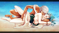 Rule 34 | 1boy, 1girl, barefoot, beach, blue hair, breasts, chain, clothed sex, couple, dark skin, dark-skinned male, closed eyes, fingering, hetero, jewelry, letterboxed, long hair, lying, magi the labyrinth of magic, medium breasts, nemu (noibla), nipples, ocean, on side, open mouth, outdoors, penis, pubic hair, pussy, rape, realistic, sex, sharrkan, water, white hair, yamuraiha