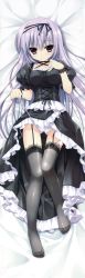 Rule 34 | 1girl, absurdres, bed, bed sheet, black dress, black thighhighs, blush, breast suppress, chikotam, clothes lift, copyright request, dakimakura (medium), dress, dress lift, feet, frilled panties, frills, from above, full body, garter straps, highres, huge filesize, lace, lace-trimmed legwear, lace legwear, lace trim, legs, lolita fashion, long hair, long image, looking at viewer, lying, no shoes, on back, on bed, panties, pink eyes, purple hair, side-tie panties, solo, string panties, tall image, thighhighs, toes, underwear, undressing, white panties