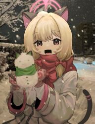 Rule 34 | 1girl, absurdres, animal ears, blonde hair, blue archive, blurry, blurry background, bow, brown eyes, cat ears, cat tail, character snowman, fang, gloves, halo, highres, midori (blue archive), momoi (blue archive), open mouth, pink halo, pong2, short hair, smile, snow sculpture, snowing, tail, winter, winter clothes
