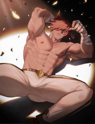 Rule 34 | 1boy, abs, amo (amo9612), animal ears, bandages, bara, bare pectorals, confetti, denim, facial hair, highres, jeans, large pectorals, league of legends, looking at viewer, male focus, muscular, navel, nipples, paid reward available, pants, pectorals, red hair, sett (league of legends), short hair, solo, spread legs, stomach, stubble, topless male