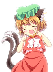 Rule 34 | 1girl, animal ears, bow, brown hair, cat ears, cat tail, chen, ear piercing, earrings, closed eyes, hat, jewelry, mob cap, multiple tails, nekomata, open mouth, piercing, pila-pela, puffy short sleeves, puffy sleeves, shirt, short sleeves, single earring, skirt, skirt set, smile, solo, tail, touhou, vest