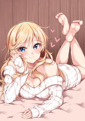 Rule 34 | 1girl, bare shoulders, blonde hair, blue eyes, blush, breasts, cleavage, commentary, heart, idolmaster, idolmaster cinderella girls, jiino, large breasts, long hair, looking at viewer, lying, off-shoulder sweater, off shoulder, ohtsuki yui, on stomach, ribbed sweater, smile, solo, sweater, the pose, wavy hair, white sweater