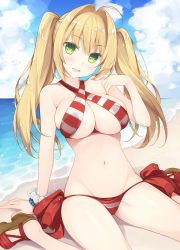 Rule 34 | 1girl, ahoge, beach, bikini, blonde hair, blue sky, blush, bracelet, breasts, cloud, day, fate/grand order, fate (series), green eyes, halterneck, highres, jewelry, large breasts, long hair, looking at viewer, miko (royal milk), navel, nero claudius (fate), nero claudius (fate) (all), nero claudius (swimsuit caster) (fate), ocean, open mouth, outdoors, sandals, side-tie bikini bottom, sitting, sky, smile, solo, striped bikini, striped clothes, swimsuit, twintails, wariza