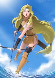 Rule 34 | 1girl, absurdres, arrow (projectile), bare shoulders, belt, blonde hair, blue eyes, boots, bow (weapon), bridal gauntlets, brigid (fire emblem), commission, commissioner upload, dress, dynamic pose, fingerless gloves, fire emblem, fire emblem: genealogy of the holy war, gloves, headband, highres, holding, holding bow (weapon), holding weapon, knee boots, long hair, low-tied long hair, nintendo, ocean, open mouth, short dress, side slit, single thighhigh, sky, solo, tamaki g (artist), thighhighs, thighs, very long hair, water, water drop, weapon