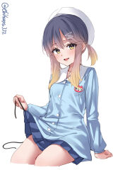 Rule 34 | 1girl, blue skirt, blush, buttons, cropped legs, ebifurya, feet out of frame, gradient hair, hair ornament, hat, highres, kantai collection, kindergarten uniform, long hair, long sleeves, looking at viewer, multicolored hair, one-hour drawing challenge, open mouth, pleated skirt, purple hair, sailor hat, simple background, skirt, smile, solo, thighs, tsushima (kancolle), twitter username, white background, white hat, yellow eyes