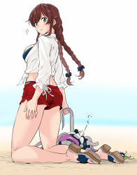 Rule 34 | abyssal ship, bikini, bikini under clothes, braid, breasts, brown hair, enemy naval mine (kancolle), fugu custom, green eyes, highres, kantai collection, kneeling, looking at viewer, medium breasts, noshiro (kancolle), official alternate costume, one-hour drawing challenge, red shorts, sandals, shirt, shorts, swept bangs, swimsuit, swimsuit under clothes, teeth, tentacles, tied shirt, twin braids, white shirt