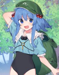 Rule 34 | 1girl, akagashi hagane, backpack, bag, black one-piece swimsuit, blue eyes, blue hair, blush, commission, flat cap, green hat, hair between eyes, hair bobbles, hair ornament, hat, kawashiro nitori, key, one-piece swimsuit, open mouth, puffy short sleeves, puffy sleeves, short hair, short sleeves, sidelocks, skeb commission, smile, solo, swimsuit, swimsuit under clothes, touhou, tree, twintails, upper body