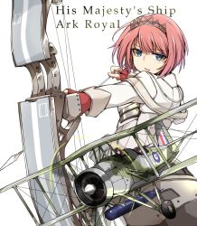Rule 34 | 1girl, aircraft, airplane, ark royal (kancolle), arrow (projectile), biplane, blue eyes, bow (weapon), character name, corset, english text, fairey swordfish, fingerless gloves, gloves, hairband, kantai collection, long sleeves, okutama tarou, red gloves, red hair, revision, serious, short hair, simple background, solo, tiara, vehicle focus, weapon, white background, white corset