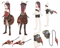 Rule 34 | 1girl, ant girl, antennae, arthropod girl, bandeau, barcode, bare arms, bare legs, bare shoulders, barefoot, bike shorts, bionekojita, black gloves, black pantyhose, bridal gauntlets, brown eyes, brown hair, brown skirt, camisole, commentary request, gas pump nozzle, gloves, gradient hair, long hair, multicolored hair, multiple views, original, pantyhose, personification, red hair, simple background, skirt, smile, standing, stomach, torn clothes, torn legwear, white background