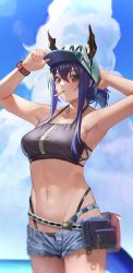 Rule 34 | 1girl, adjusting clothes, adjusting headwear, arknights, arm up, armpits, bare arms, bare shoulders, baseball cap, belt, belt pouch, bikini, black bikini, blue shorts, blue sky, blush, bracelet, breasts, ch&#039;en (arknights), ch'en (arknights), cloud, commentary request, cowboy shot, day, dragon girl, dragon horns, dragon tail, female tourist c (arknights), hair between eyes, hat, highres, horns, horns through headwear, jewelry, large breasts, long hair, looking at viewer, mouth hold, navel, official alternate costume, open fly, outdoors, ponytail, popsicle stick, pouch, red eyes, short shorts, shorts, sidelocks, sky, solo, stomach, swimsuit, tail, unbuttoned, white hat