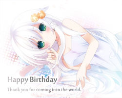 Rule 34 | 1girl, anceril sacred, bad id, bad pixiv id, blush, breasts, cleavage, dress, english text, flower, green eyes, hair flower, hair ornament, happy birthday, kanora, long hair, looking at viewer, lying, medium breasts, on side, original, smile, solo, sundress, white background