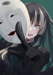 Rule 34 | 1girl, absurdres, between fingers, black gloves, black hair, choker, gloves, green background, green eyes, grey hair, highres, holding, hololive, hololive dev is, juufuutei raden, lace, lace choker, long hair, mask, unworn mask, multicolored hair, noh mask, shinose toki, two-tone hair, virtual youtuber