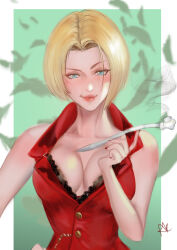 Rule 34 | 1girl, absurdres, arialla draws, benedikta harman, blonde hair, bra, breasts, business suit, cleavage, dress, feathers, final fantasy, final fantasy xvi, formal, green background, highres, holding, lace, lace-trimmed bra, lace trim, large breasts, looking at viewer, nail polish, red dress, short hair, simple background, smoking, smoking pipe, solo, standing, suit, underwear, upper body