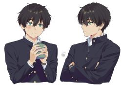 Rule 34 | 1boy, artist logo, artist name, black hair, black jacket, blush, closed mouth, collar, collared jacket, crossed arms, cup, embarrassed, eyes visible through hair, hair between eyes, highres, holding, holding cup, hyouka, jacket, long sleeves, looking at viewer, looking to the side, mery (yangmalgage), oreki houtarou, school uniform, simple background, sweat, upper body, watch, white background