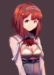 Rule 34 | 10s, 1girl, absurdres, ark royal (kancolle), blue eyes, blunt bangs, bob cut, cleavage cutout, clothing cutout, corset, gar32, grey background, hairband, highres, kantai collection, long sleeves, looking at viewer, red hair, red ribbon, ribbon, short hair, simple background, solo, tiara, twitter username, upper body