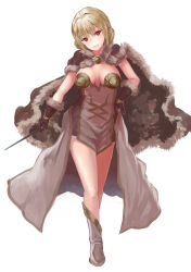 Rule 34 | 1girl, absurdres, arm at side, blonde hair, boots, braid, breasts, brown cape, brown dress, brown gloves, cape, cleavage, crossed legs, double bun, dress, full body, fur-trimmed cape, fur-trimmed gloves, fur trim, gloves, gold trim, hair between eyes, hair bun, hair intakes, hand on own hip, head tilt, high wizard (ragnarok online), highres, holding, holding wand, kathryne keyron, looking at viewer, medium breasts, overskirt, ragnarok online, red eyes, red pupils, sail (sail-away), short dress, short hair, simple background, solo, standing, strapless, strapless dress, two-tone dress, wand, watson cross, white background, white dress, white footwear