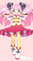 Rule 34 | 1girl, :d, blush stickers, boots, detached sleeves, duplicate, frilled sleeves, frills, full body, green eyes, hair ornament, hands up, haruka nana, headphones, highres, long hair, looking at viewer, nagimiso, official art, open mouth, pantyhose, pink hair, polka dot, polka dot legwear, red skirt, skirt, smile, solo, twintails, utau, white footwear, yellow pantyhose, zipper