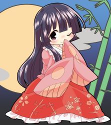 Rule 34 | 1girl, ;), bamboo, black hair, blunt bangs, blush, brown eyes, chibi, closed mouth, cloud, commentary, covering own mouth, dress, eyebrows, frilled shirt collar, frills, full moon, hand over own mouth, highres, hime cut, houraisan kaguya, long hair, long skirt, long sleeves, looking at viewer, mana (gooney), moon, one eye closed, pink dress, red dress, red skirt, skirt, smile, solo, tareme, touhou, very long hair, wide sleeves