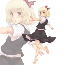 Rule 34 | 1girl, barefoot, blonde hair, feet, hair ribbon, highres, kuro suto sukii, looking at viewer, looking back, open mouth, outstretched arms, red eyes, ribbon, rumia, shirt, short sleeves, skirt, skirt set, soles, solo, toes, touhou, vest, zoom layer