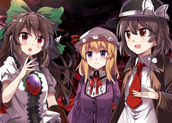 Rule 34 | 3girls, arm cannon, bad hands, black wings, blonde hair, bow, brooch, brown coat, brown eyes, brown hair, coat, commentary request, dress, dress shirt, e.o., artistic error, fedora, green bow, hair bow, hat, hat bow, hat ribbon, jewelry, long hair, long sleeves, looking at another, maribel hearn, mob cap, multiple girls, necktie, open mouth, puffy short sleeves, puffy sleeves, purple dress, purple eyes, red eyes, red neckwear, red ribbon, reiuji utsuho, ribbon, shirt, short hair, short sleeves, touhou, usami renko, weapon, white bow, white shirt, wings