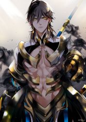 Rule 34 | 1boy, abs, ahoge, artist name, bare pectorals, black gloves, brown hair, cape, dark skin, dark-skinned male, egyptian, egyptian clothes, fate/grand order, fate/prototype, fate/prototype: fragments of blue and silver, fate (series), gauntlets, gloves, grey background, hair between eyes, holding, holding staff, jewelry, looking at viewer, male focus, muscular, necklace, ozymandias (fate), pectorals, sakura hitsuji, topless male, shrug (clothing), simple background, smoke, solo, staff, white cape, yellow eyes