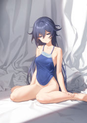 Rule 34 | 1girl, backdrop, bare arms, bare legs, bare shoulders, barefoot, bed sheet, blue camisole, blue eyes, blue hair, bottomless, breasts, camisole, collarbone, expressionless, eyebrows hidden by hair, fu hua, hair between eyes, hands on own legs, highres, honkai (series), honkai impact 3rd, long hair, looking down, medium breasts, messy hair, no bra, no panties, parted lips, sitting, solo, spaghetti strap, tdc24, wariza