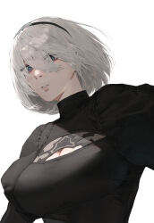 1girl 2b_(nier:automata) alternate_breast_size black_hairband blue_eyes breasts cleavage cleavage_cutout clothing_cutout commentary_request eyes_visible_through_hair hairband highres juliet_sleeves korean_commentary large_breasts long_sleeves medium_hair nier:automata nier_(series) parted_lips puffy_sleeves solo turtleneck underwear white_hair yangmal_jelly