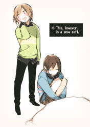 Rule 34 | :d, androgynous, arm at side, black footwear, black hair, black pants, blue shorts, blush, blush stickers, boots, brown footwear, brown hair, chara (undertale), comic, english text, frisk (undertale), gender request, hand on own neck, hugging own legs, long sleeves, looking away, mii (chibinomi), open mouth, pants, red eyes, shirt, shorts, smile, snow, spoilers, standing, striped clothes, striped shirt, sweater, undertale
