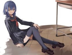 Rule 34 | 1girl, ahataro, arm at side, black sailor collar, black serafuku, black shirt, black skirt, black thighhighs, blouse, blue hair, blunt bangs, brown footwear, closed mouth, commentary request, desk, from side, full body, hair between eyes, hanayagi kaoruko, hand on own knee, highres, knee up, light smile, loafers, long sleeves, looking at viewer, looking to the side, medium hair, miniskirt, neckerchief, on floor, pleated skirt, red neckerchief, sailor collar, school desk, school uniform, serafuku, shirt, shoes, shoujo kageki revue starlight, sidelocks, sitting, skirt, solo, thighhighs, tile floor, tiles, white background, yellow eyes