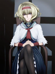 Rule 34 | &gt;:), 1girl, alice margatroid, armchair, ascot, bad id, bad pixiv id, black pantyhose, blonde hair, blue dress, blue eyes, capelet, chair, crossed legs, dress, female focus, grin, hairband, head tilt, indoors, legs, looking at viewer, otouto (caster5), own hands clasped, own hands together, pantyhose, short hair, sitting, smile, solo, touhou, v-shaped eyebrows, wristband