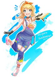 Rule 34 | ahoge, blonde hair, blue eyes, braid, breasts, character name, choker, clothing cutout, denim, full body, gloves, hachimiya meguru, hairband, idolmaster, idolmaster shiny colors, large breasts, long hair, looking at viewer, nussan, open mouth, overalls, paint splatter, paintbrush, pants, pants rolled up, print shirt, reaching, reaching towards viewer, shirt, simple background, sleeveless, sleeveless shirt, smile, socks, standing, standing on one leg, strap slip, swept bangs, twin braids, twintails