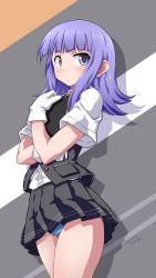 Rule 34 | 1girl, 547th sy, black vest, blue hair, blue panties, blunt bangs, blush, dated, diagonal stripes, gloves, hatsukaze (kancolle), highres, kantai collection, long hair, panties, pantyshot, pleated skirt, purple eyes, school uniform, shirt, short sleeves, signature, simple background, skirt, solo, striped, striped background, sweat, underwear, vest, white gloves, white shirt, yellow neckwear