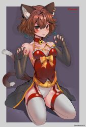 Rule 34 | 1girl, adapted costume, animal ear fluff, animal ears, bell, bow, brown eyes, brown hair, cat ears, cat tail, chen, earrings, garter straps, gloves, highres, jewelry, jingle bell, multiple tails, nail polish, neck bell, red nails, solo, tail, thighhighs, tomatolover16, touhou, twitter username, two tails