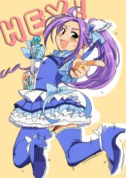 Rule 34 | 10s, 1girl, blue footwear, boots, cure beat, guitar, instrument, jumping, koyama shigeru, kurokawa eren, long hair, looking back, magical girl, pointing, pointing at viewer, precure, purple hair, seiren (suite precure), skirt, smile, suite precure, thigh boots, thighhighs, yellow eyes