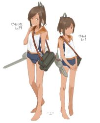 Rule 34 | 10s, 1girl, age progression, aged down, aged up, arms behind back, barefoot, blush, brown hair, character name, closed mouth, collarbone, dated, dual persona, finger to mouth, full body, height difference, i-401 (kancolle), kantai collection, kawashina (momen silicon), looking at viewer, multiple views, one-piece swimsuit, own hands together, parted lips, ponytail, sailor collar, school swimsuit, shirt, sketch, sleeveless, sleeveless shirt, smile, standing, swept bangs, swimsuit, swimsuit under clothes, tan, tanline